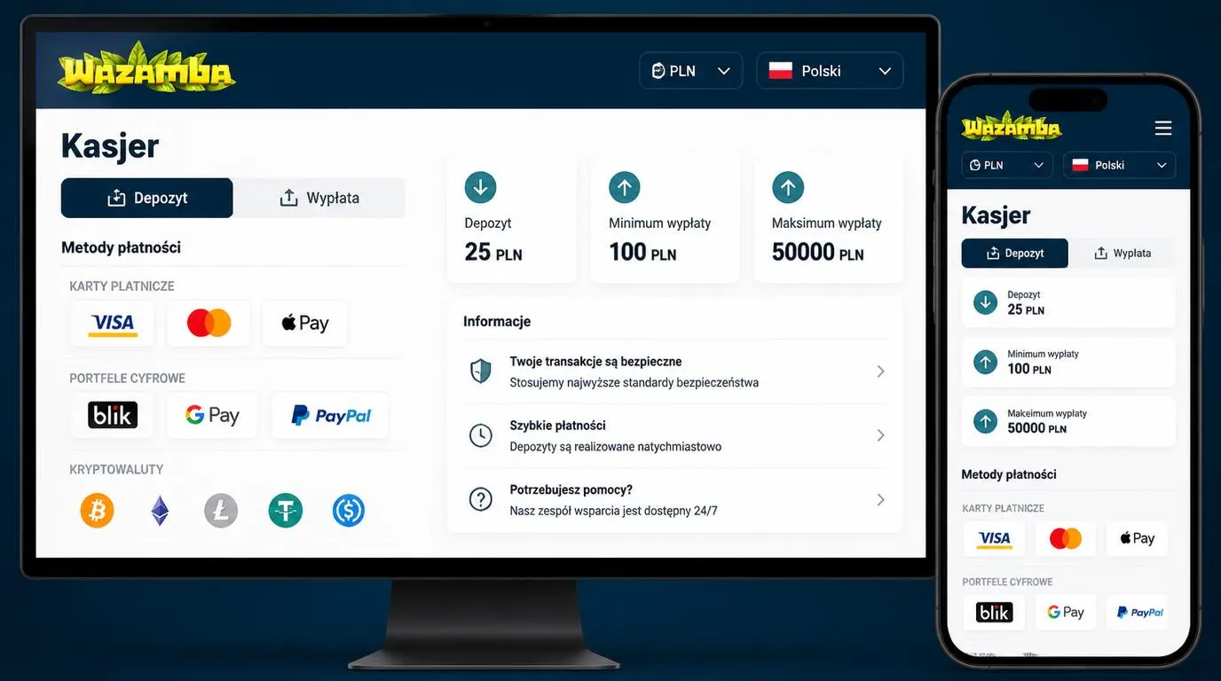 Polskojęzyczny panel kasjera z metodami płatności, saldem w PLN i informacją o limitach wypłat