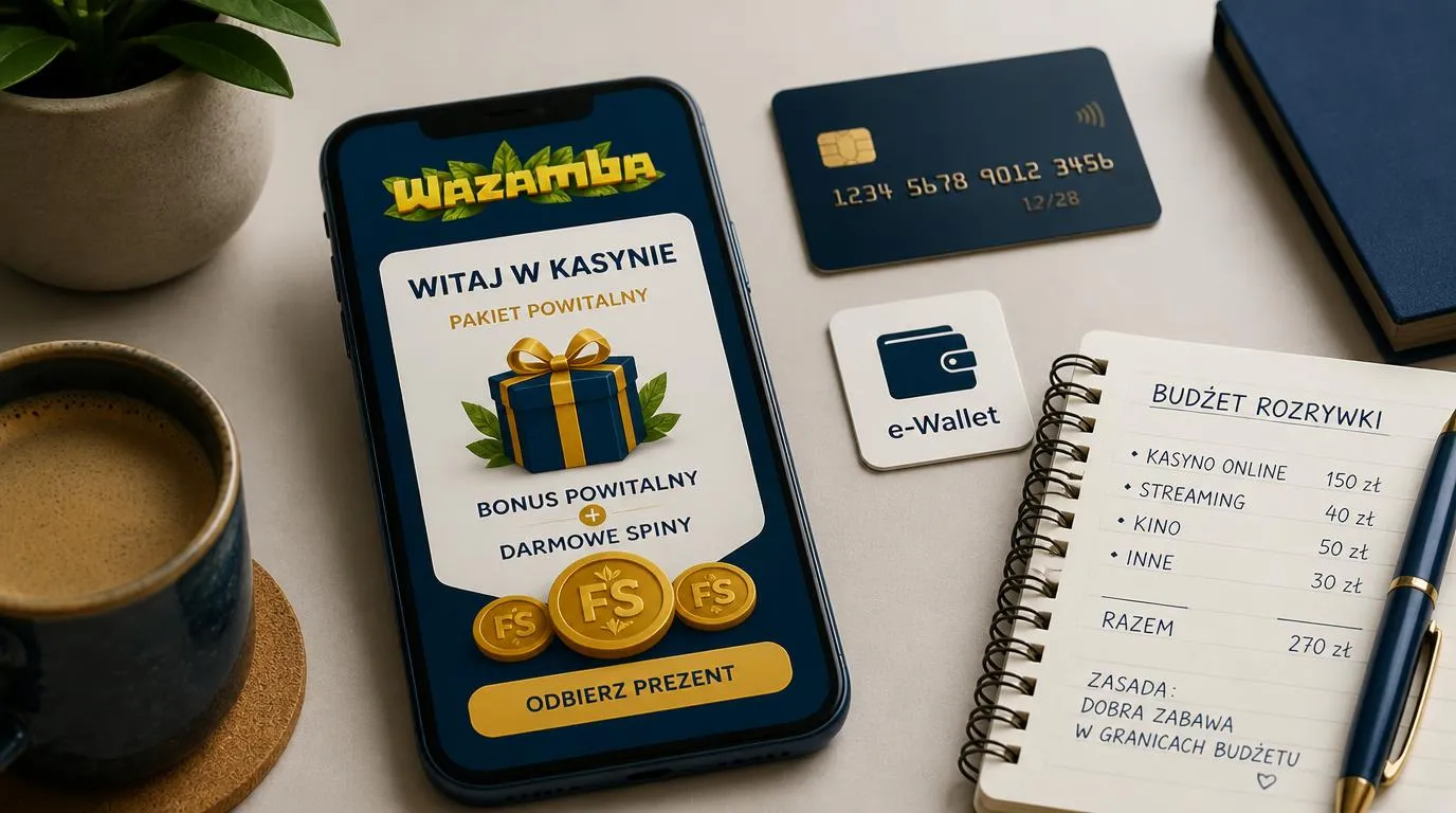 Telefon z panelem oferty powitalnej obok symboli płatności i notatnika z ustalonym budżetem