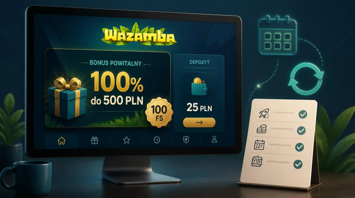 Panel bonusu powitalnego 100% do 500 PLN i 100 FS obok karty minimalnego depozytu 25 PLN