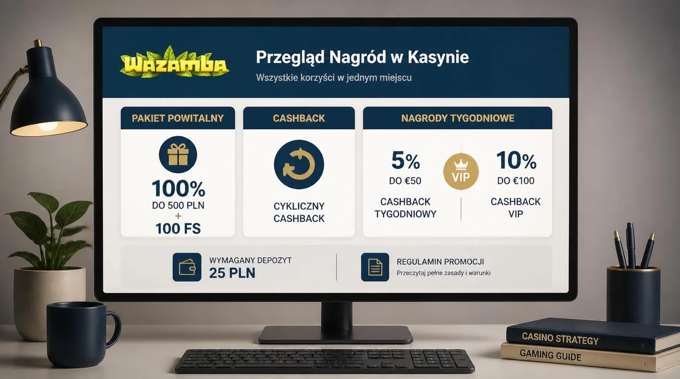Panel bonusów kasynowych z ofertą powitalną, cashbackiem i nagrodami tygodniowymi